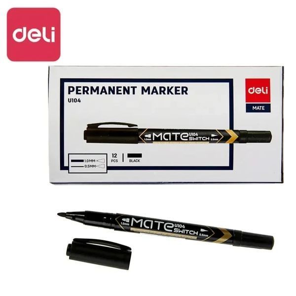 Маркер перманентный двусторонний Deli EU10440 черный 1 мм/0,5 мм (для ламинированных ценников) 2870457 фото