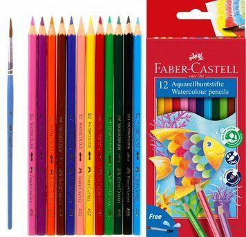 Карандаши цветные Faber_Castell, 12 цветов, акварельные, с кисточкой 3501044 фото