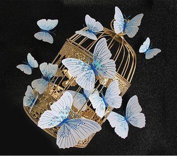 Об'ємні 3D метелики на стіну (шпалери) для декору Білі з блакитним орнаментом 1725667 фото