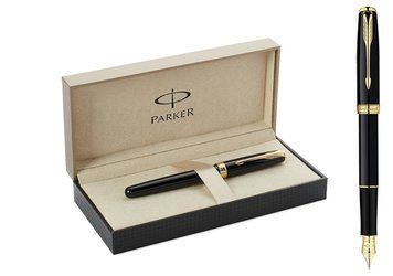 Ручка перова Parker Sonnet Stainless Steel, позолочена, чорна лакова, синя 3501798 фото