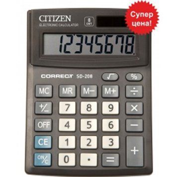 Калькулятор бухгалтерский Citizen SD-208 черный Correct 8 разряд, 103x138x24, пласт корп, пласт кн 2863959 фото