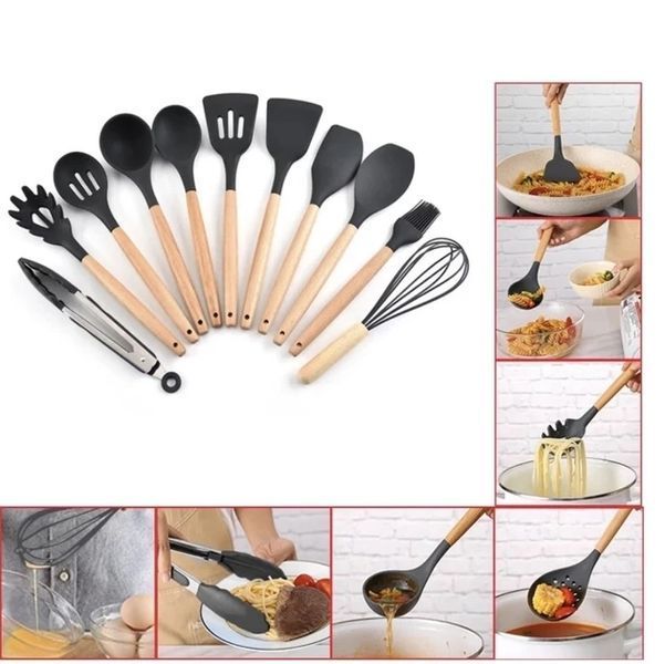 Набір кухонних силіконових аксесуарів з 12 предметів Kitchen Set (Чорний) 3735074 фото