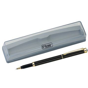 Ручка кулькова Flair Jewel з лаковим покриттям золотистого кольору, чорний корпус, з футляром, синя 3501831 фото