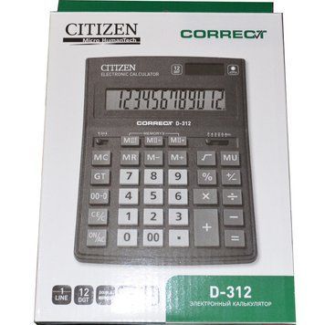 Калькулятор Citizen D-312 черный Correct 12 разряд, 205х155х28, пласт корп, пласт кн. 2866634 фото